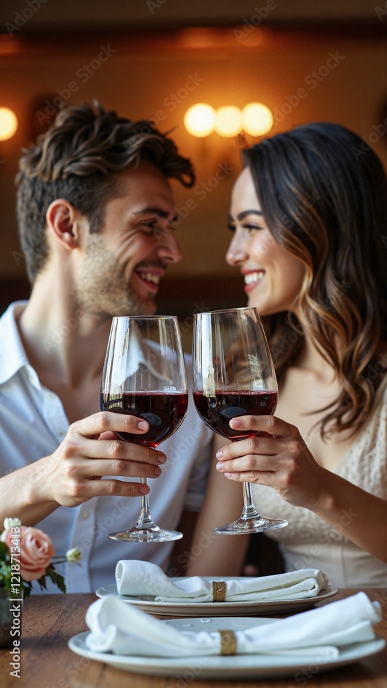 Romantic Couple Toasting with Red Wine at an Upscale Restaurant, Perfect for Wine Brands, Date Night Promotions, and Lifestyle Content Romantic Couple Toasting with Red Wine at an Upscale Restaurant, Perfect for Wine Brands, Date Night Promotions, and Lifestyle Content