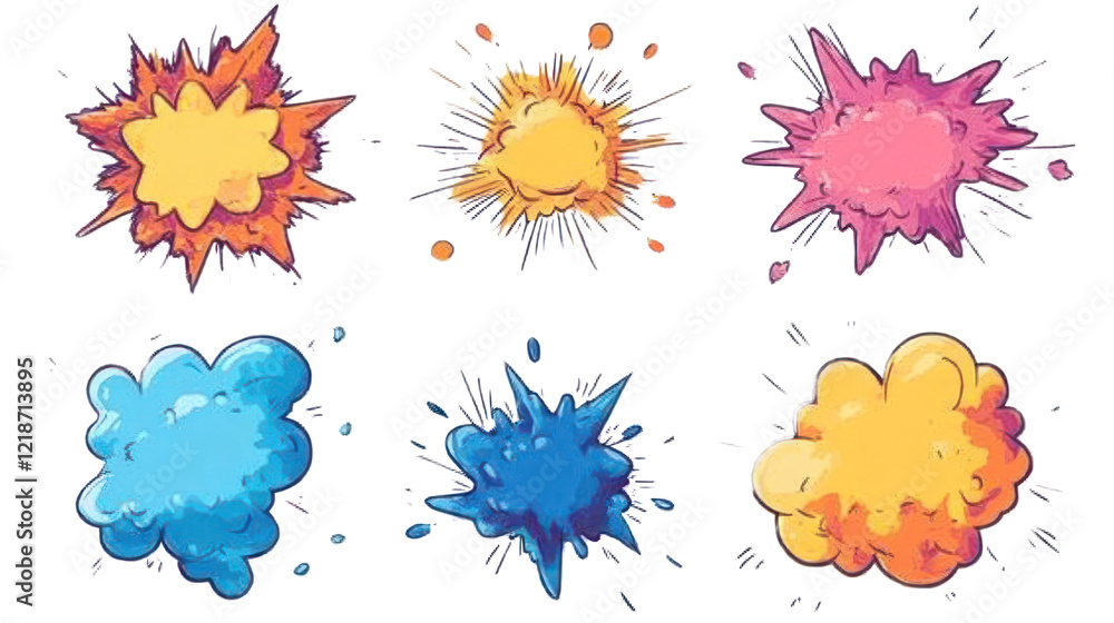 Colorful bursts of explosions showcase a variety of shapes and sizes, isolated on a transparent background. PNG Colorful bursts of explosions showcase a variety of shapes and sizes, isolated on a transparent background. PNG