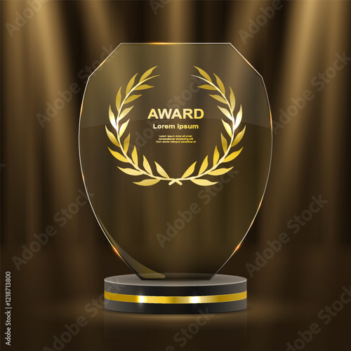 Elegant 3D golden podium with laurels, shining ribbons, and glowing stars for award ceremonies, prize events, and championship recognition. Realistic luxury scene. 