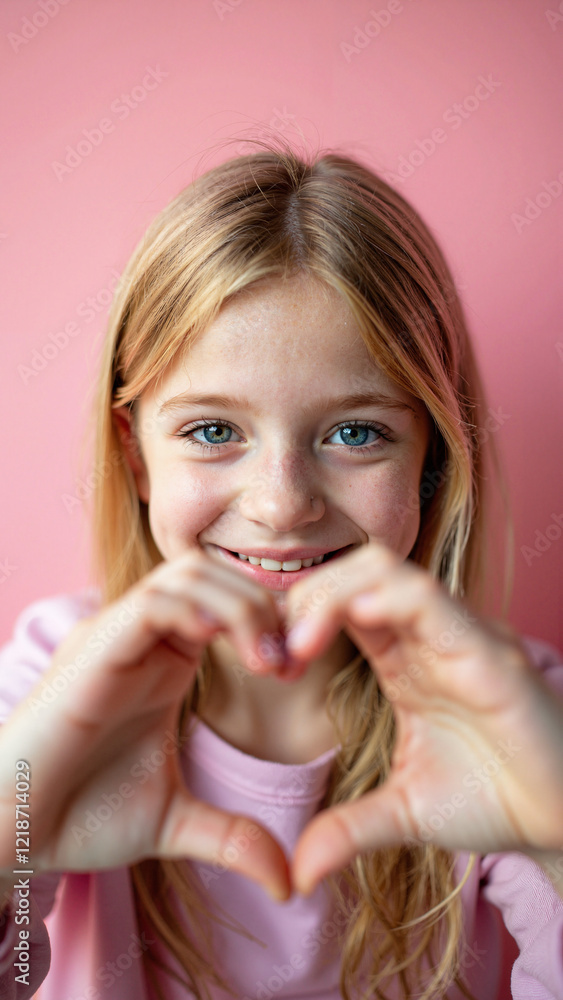 Radiant Smiling Blonde Girl Making Heart Shape with Hands, Perfect for Greeting Cards, Social Media, and Inspirational Content Radiant Smiling Blonde Girl Making Heart Shape with Hands, Perfect for Greeting Cards, Social Media, and Inspirational Content