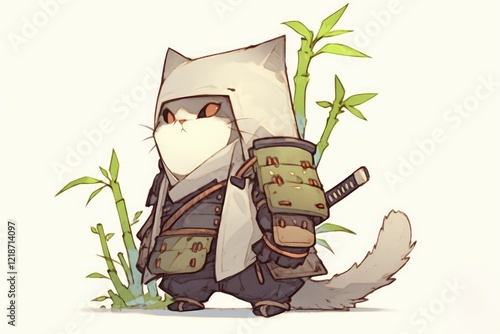 A Cute Cat Samurai Stands Near Bamboo Plants photo