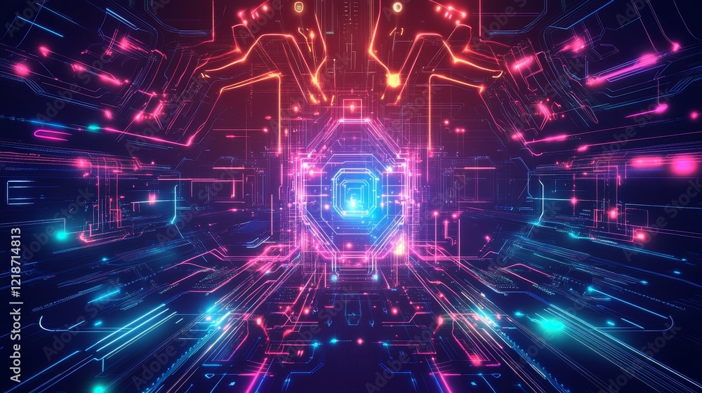 Fototapeta premium Neon Tech Geometry: Abstract Digital Circuit Patterns with Futuristic Aesthetics and Glowing Symmetry