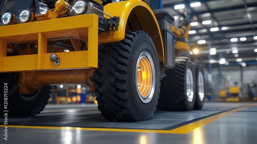Close-Up View of Heavy-Duty Vehicle Tire in Industrial Warehouse Setting, Showcasing Robust Tread Pattern and Illuminated Wheel in Well-Lit Environment Close-Up View of Heavy-Duty Vehicle Tire in Industrial Warehouse Setting, Showcasing Robust Tread Pattern and Illuminated Wheel in Well-Lit Environment
