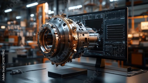 3D Mechanical Engine with Digital Display and Data Overlay. Generative AI