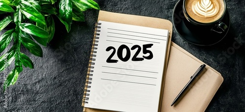 New year resolutions 2025 on desk. 2025 goals list with notebook coffee cup plant on table. Resolutions plan goals action checklist idea concept. photo