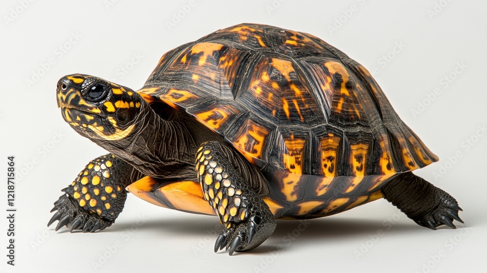 Fototapeta premium Colorful Tortoise Crawling on Light Background with Beautiful Shell