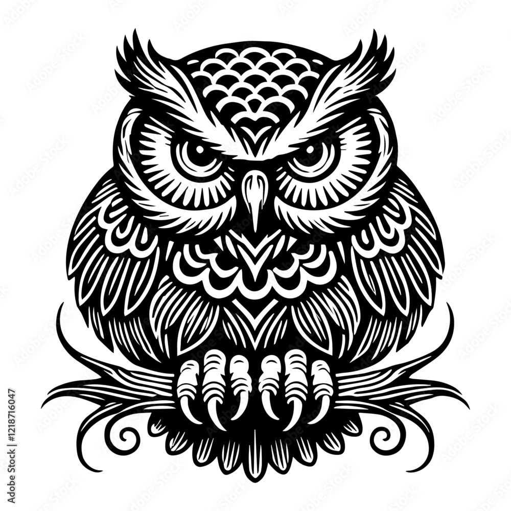 Elegant Great Horned Owl Silhouette with Detailed Feathers, Perched on a Branch, Black and White Vector Art, Isolated on Transparent Background Elegant Great Horned Owl Silhouette with Detailed Feathers, Perched on a Branch, Black and White Vector Art, Isolated on Transparent Background