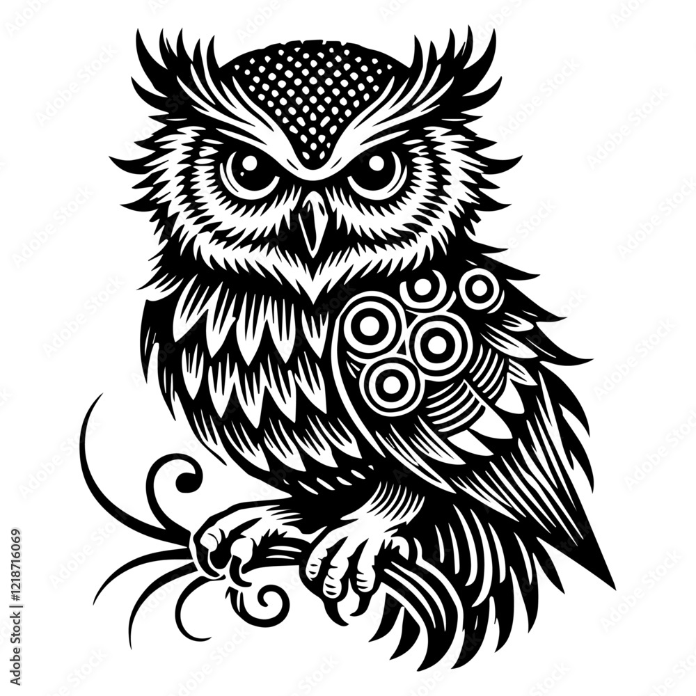 Mysterious Owl Silhouette with Wide-Spanning Wings, Nighttime Hunter Pose, Black and White Vector Illustration, Isolated on White Background Mysterious Owl Silhouette with Wide-Spanning Wings, Nighttime Hunter Pose, Black and White Vector Illustration, Isolated on White Background