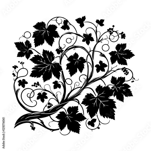 Intricate Vine Silhouette Twisting with Graceful Tendrils, Detailed Black and White Vector Artwork, Isolated on White Background