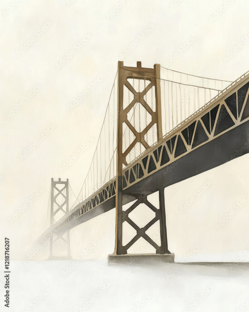 watercolor painting of bridge stretching into hazy atmosphere, evoking sense of calm and mystery watercolor painting of bridge stretching into hazy atmosphere, evoking sense of calm and mystery