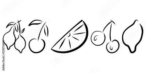 Doodle Set of fruits and berries, lemon and cherry whimsical drawings 