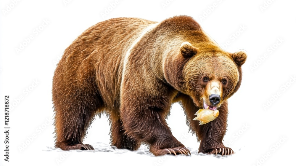 Fototapeta premium Powerful Brown Bear Eating Fish Against White Background