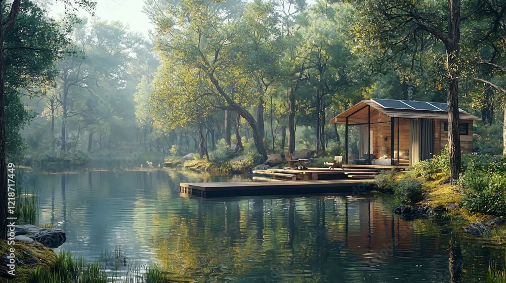 Serene Wooden Cabin by Tranquil Lake Surrounded by Lush Forest Serene Wooden Cabin by Tranquil Lake Surrounded by Lush Forest