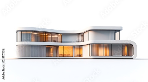 Modern curved house architectural 3D render isolated on white background.