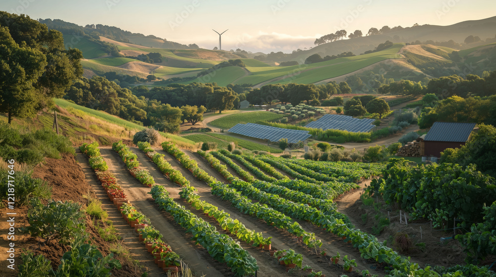 Fototapeta premium Lush Green Hills with Rows of Crops at Sunrise
