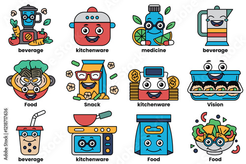 A set of illustrations in the concept of food and electrical appliances with facial expressions