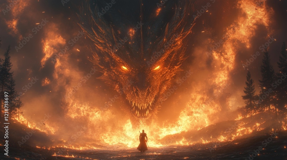 Obraz premium Heroic warrior facing apocalyptic dragon in fiery inferno. Generative AI