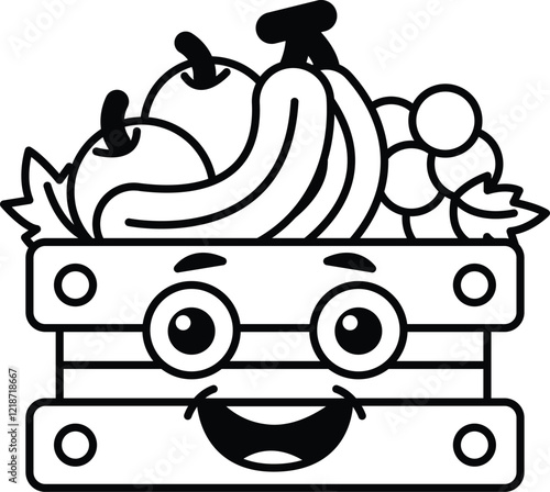 A cartoon of a smiling fruit basket with a variety of fruits including apples