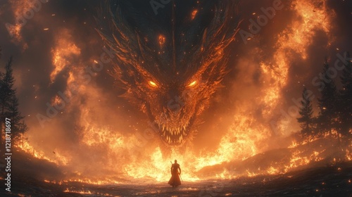 Heroic warrior facing apocalyptic dragon in fiery inferno. Generative AI