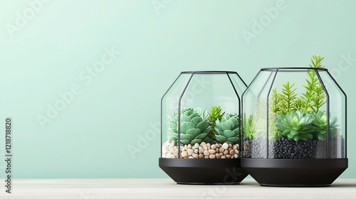 Elegant terrariums filled with lush succulents in modern glass containers.