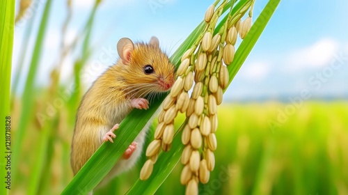 Small Mouse Feeding on Rice in a Lush Green Field
