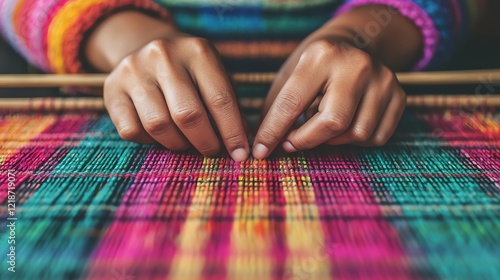 Hands weaving vibrant threads on a colorful loom, showcasing textile artistry and craftsmanship.