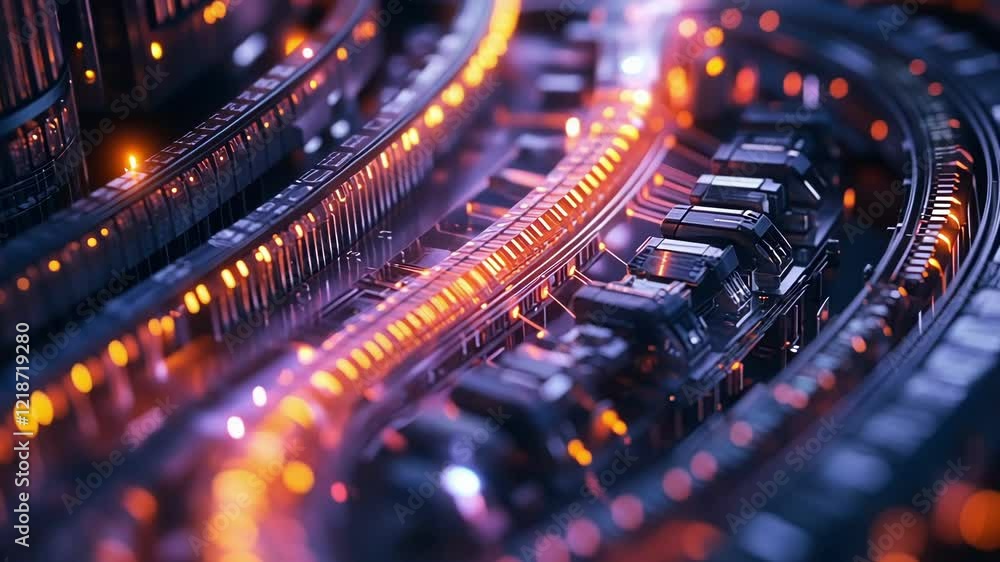 Complex network of conveyor belts transporting goods within a futuristic manufacturing facility, illuminated by vibrant orange lights, showcasing advanced automation and industrial processes Complex network of conveyor belts transporting goods within a futuristic manufacturing facility, illuminated by vibrant orange lights, showcasing advanced automation and industrial processes