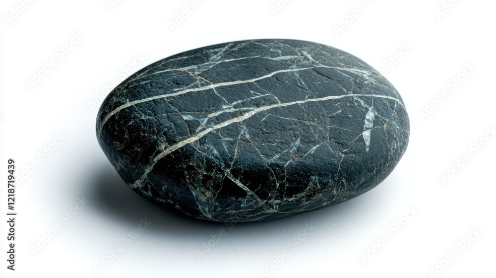 Smooth Black Stone with White Veins on White Background Smooth Black Stone with White Veins on White Background