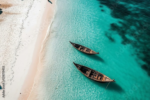 Top view or aerial view of Beautiful crystal clear water and white beach with long tail boats in summer of Zanzibar island photo