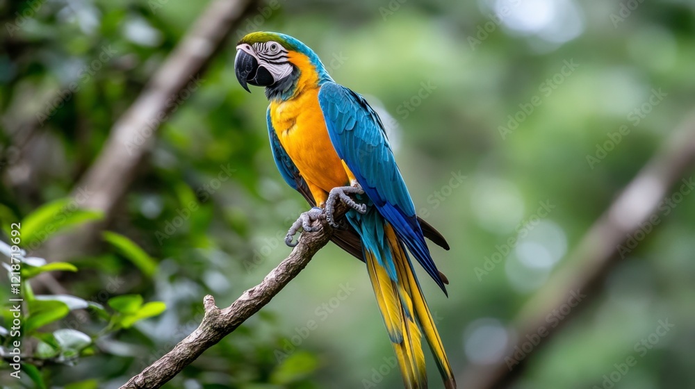 Vibrant Blue and Gold Macaw Perched on a Branch in a Lush Tropical Forest Vibrant Blue and Gold Macaw Perched on a Branch in a Lush Tropical Forest