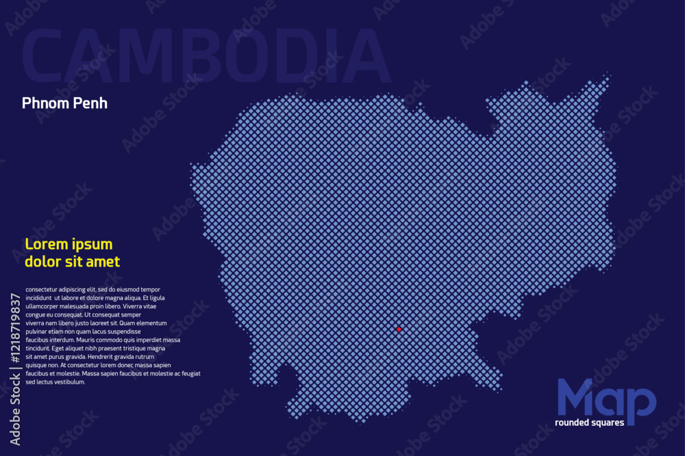 Map of Cambodia featuring rounded squares with light blue color. The name of the capital marked with a red square. Isolated on a dark blue background. Perfect for various design projects
Map of Cambodia featuring rounded squares with light blue color. The name of the capital marked with a red square. Isolated on a dark blue background. Perfect for various design projects