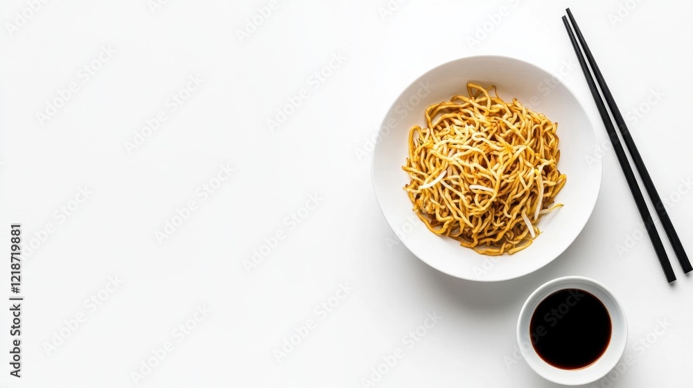 Simple bowl of noodles with soy sauce chopsticks on white background Simple bowl of noodles with soy sauce chopsticks on white background