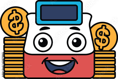 A cartoon Cash register character with a smile on his face and a bunch of coins in his hand