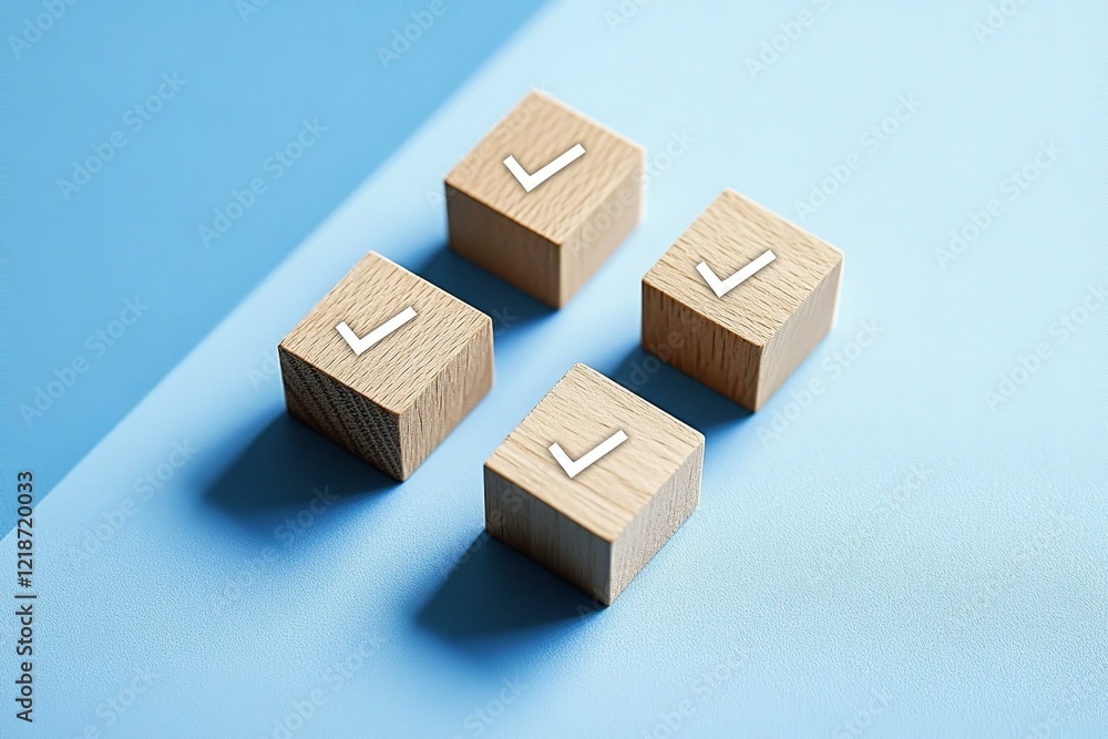 Checklist concept Check mark on wooden blocks blue background with copy space Checklist concept Check mark on wooden blocks blue background with copy space
