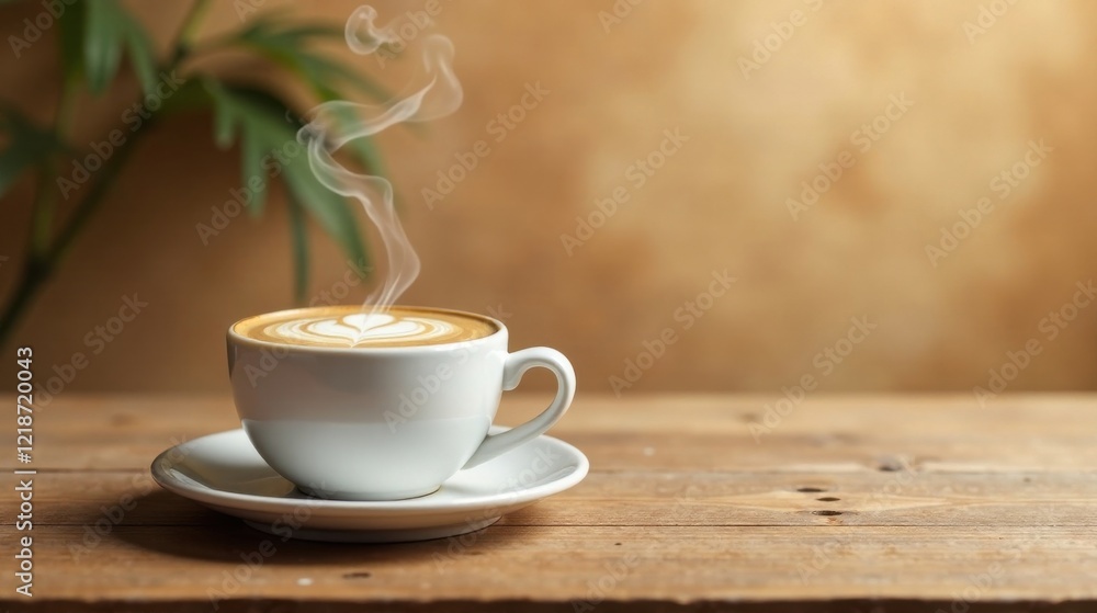 Obraz premium Aromatic Steam Rising from a Cup of Latte Art on Rustic Wood