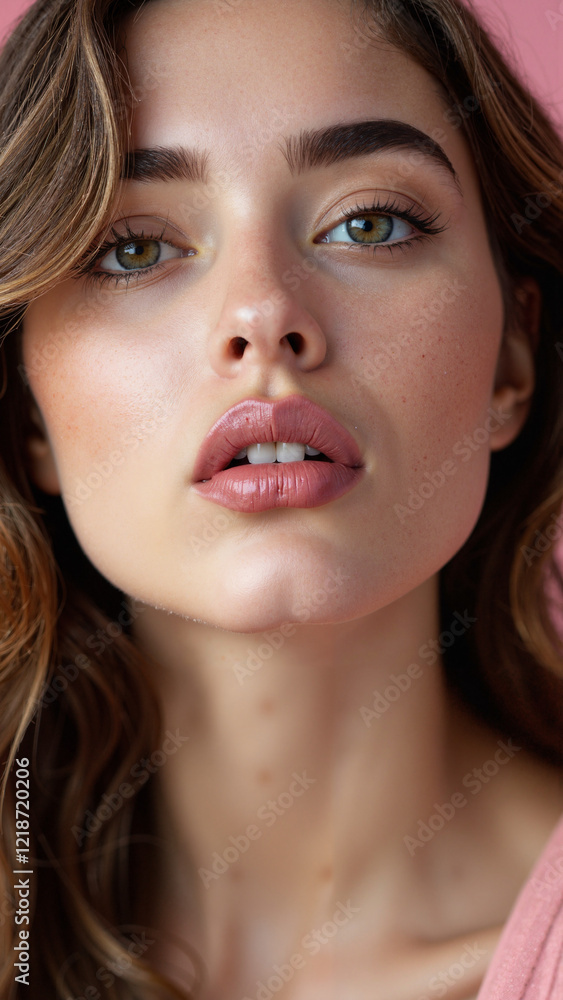 Close-up Portrait of a Young Woman with Playful Kiss, Perfect for Beauty, Fashion, and Social Media Marketing Close-up Portrait of a Young Woman with Playful Kiss, Perfect for Beauty, Fashion, and Social Media Marketing