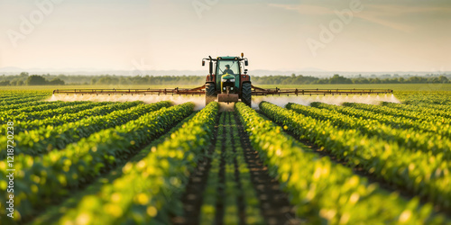 Tractor spraying pesticides on soybean field
