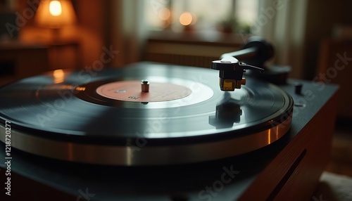 A vynyl record playing on a turn table record player photo