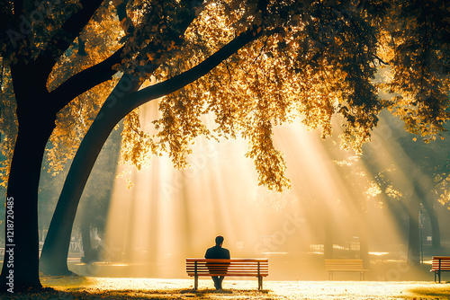 Silhouette assise sur un banc dans un parc avec des rayons de soleil photo