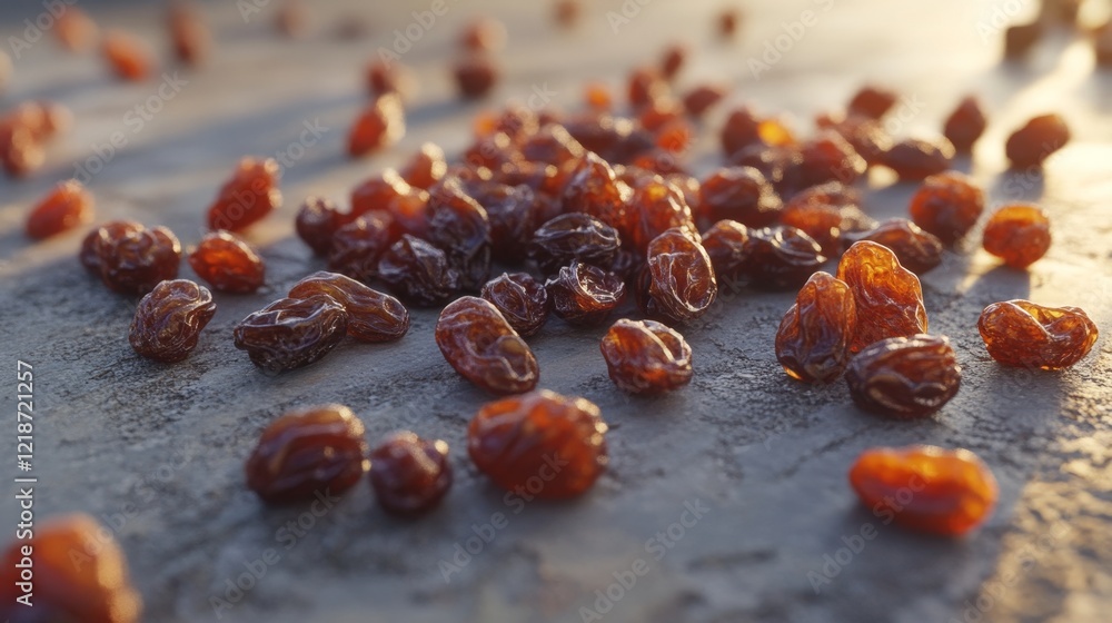 Fototapeta premium 3D realistic raisins scattered on a surface.
