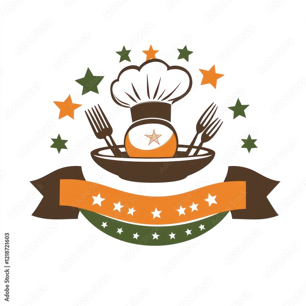 Chef hat in bowl with forks & stars, vector design, for menus or food visuals Chef hat in bowl with forks & stars, vector design, for menus or food visuals