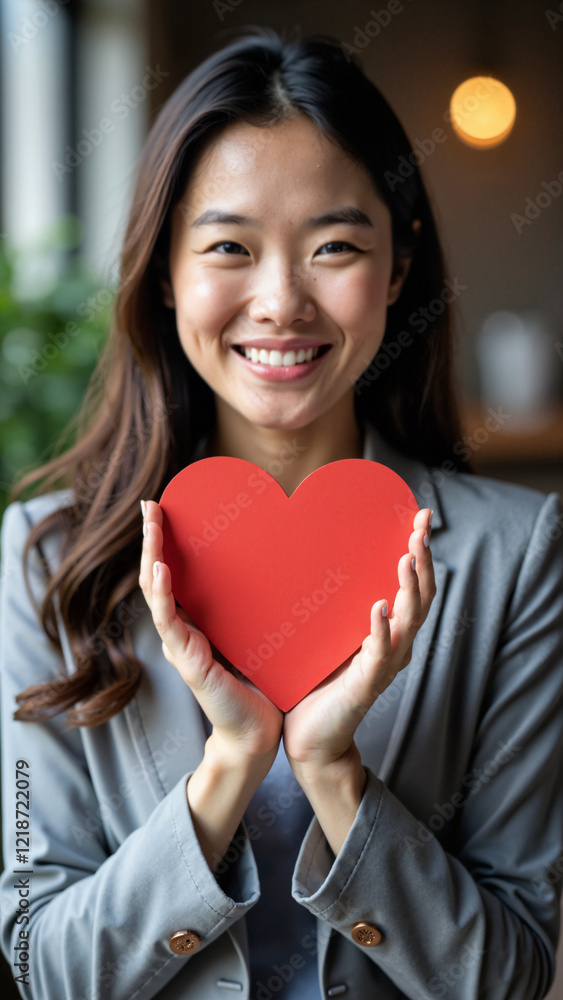 Young Asian woman holding a red heart symbol, ideal for health insurance, charity, and organ donation awareness campaigns. Young Asian woman holding a red heart symbol, ideal for health insurance, charity, and organ donation awareness campaigns.