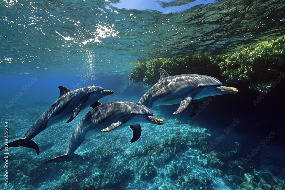 Fototapeta premium dolphins underwater near a coral reef