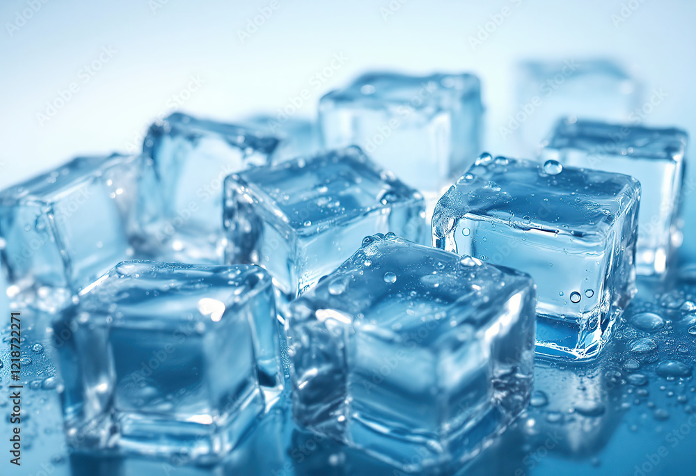 Melting Ice cubes with water drops on a table. Clear ice in cube shape. Frozen water. Ice maker. Fake or Artificial acrylic or plastic ice cubes. White light blue background. Melting Ice cubes with water drops on a table. Clear ice in cube shape. Frozen water. Ice maker. Fake or Artificial acrylic or plastic ice cubes. White light blue background.