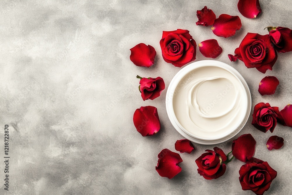 Red roses skincare cream composition on textured background