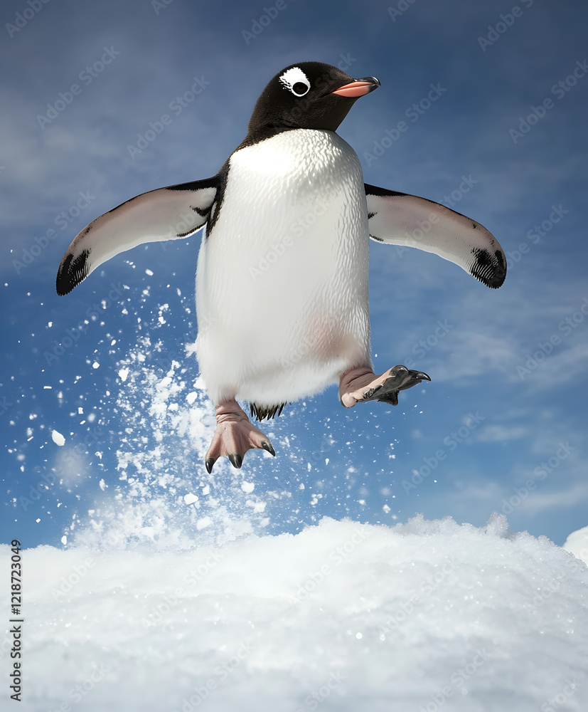 Fototapeta premium A penguin chick tripping over its own feet, landing softly in the snow.
