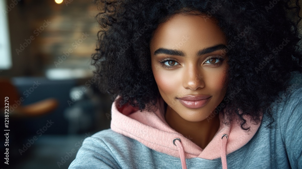 Portrait of Young Woman with Curly Hair and Warm Smile in Hoodie Portrait of Young Woman with Curly Hair and Warm Smile in Hoodie