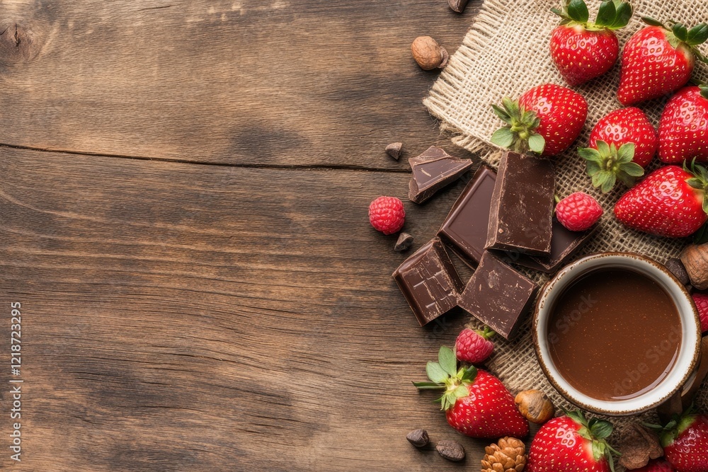 Indulgent Arrangement of Fresh Strawberries, Dark Chocolate Pieces, and Rich Chocolate Sauce on Rustic Wooden Background for Dessert Lovers and Food Enthusiasts Indulgent Arrangement of Fresh Strawberries, Dark Chocolate Pieces, and Rich Chocolate Sauce on Rustic Wooden Background for Dessert Lovers and Food Enthusiasts