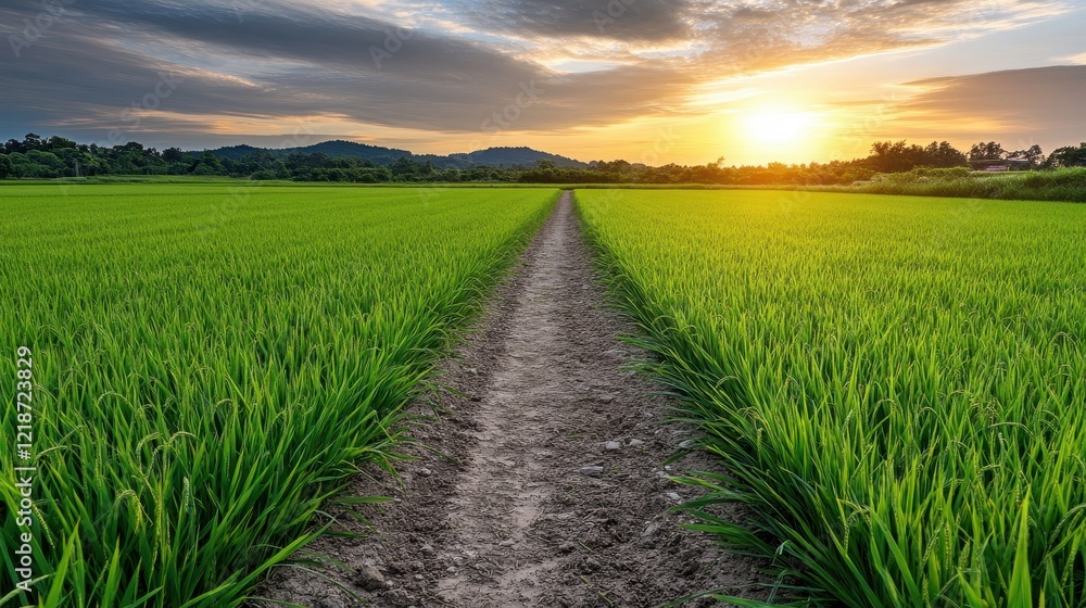 Lush Green Rice Field with Pathway Leading to a Beautiful Sunset Over Hills and Clouds in the Background, Nature Landscape at Dusk Lush Green Rice Field with Pathway Leading to a Beautiful Sunset Over Hills and Clouds in the Background, Nature Landscape at Dusk