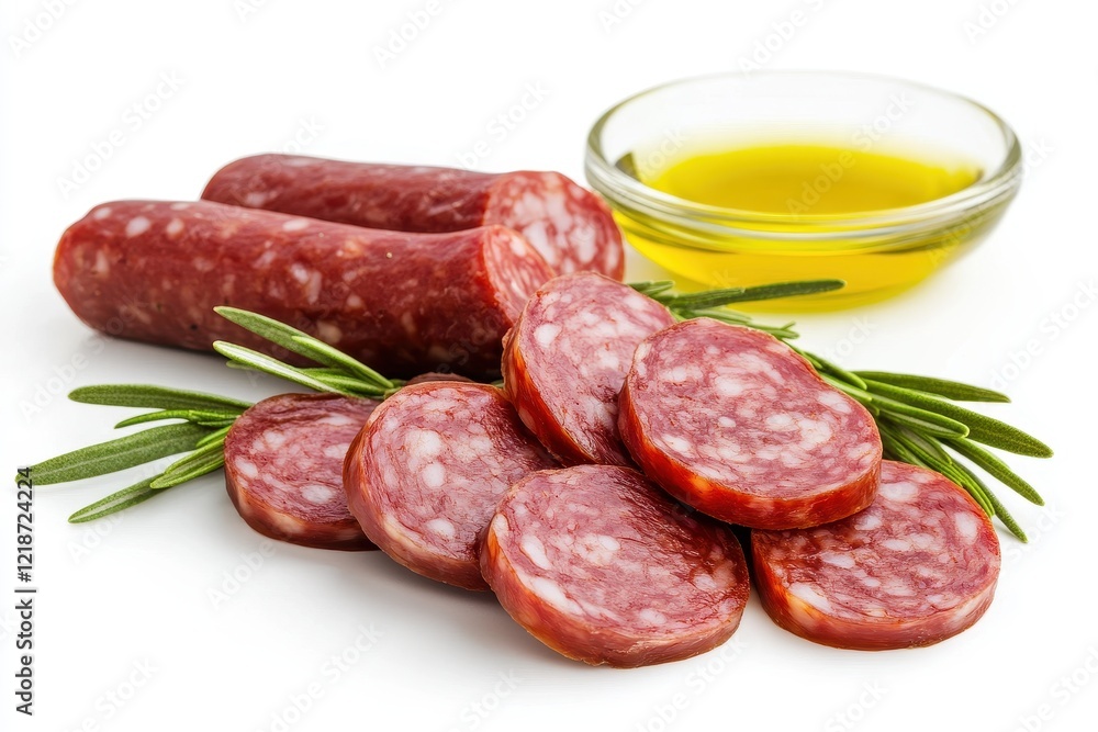 Fresh Slices of Salami on a White Surface with Green Rosemary and a Small Bowl of Olive Oil for Gourmet Culinary Presentation and Food Photography Fresh Slices of Salami on a White Surface with Green Rosemary and a Small Bowl of Olive Oil for Gourmet Culinary Presentation and Food Photography